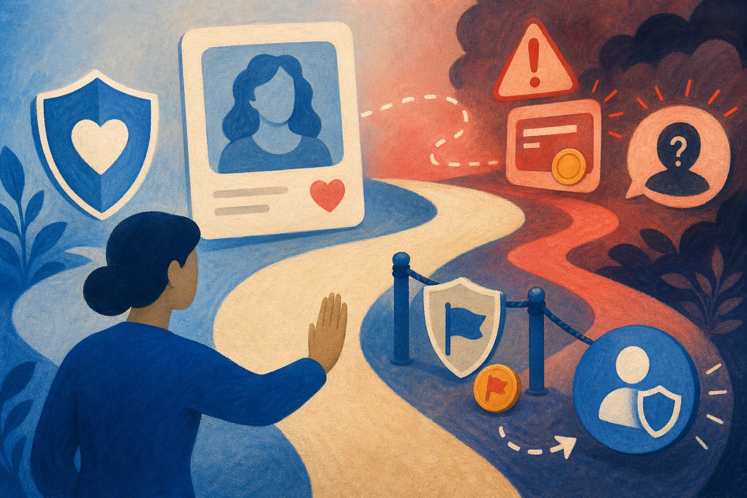 Illustration of recognising a romance-scam pattern and choosing safer steps