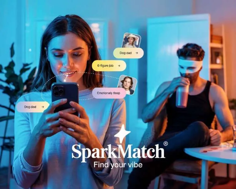 Woman using a dating app that filters profiles by attractive traits while a man sits behind her.