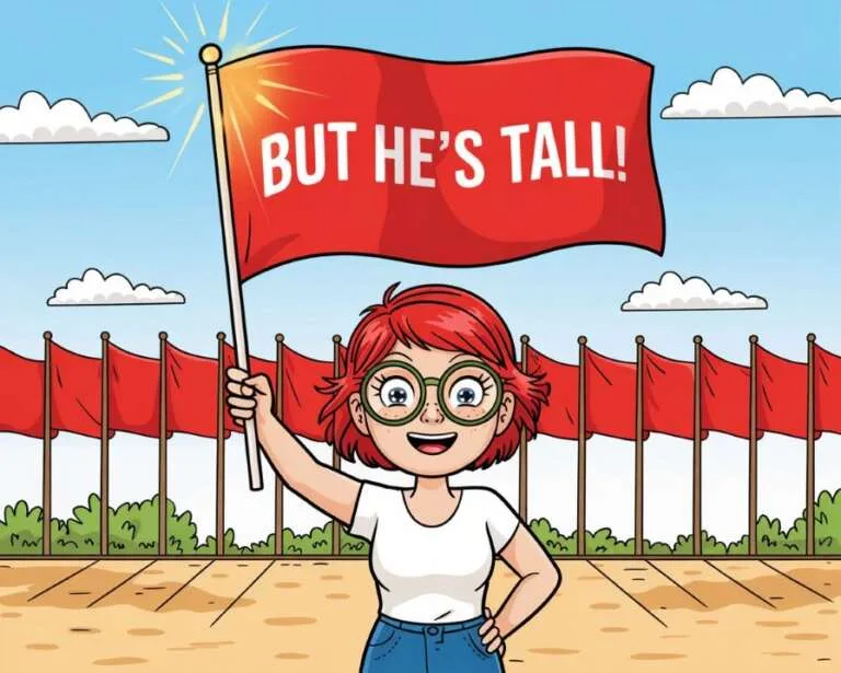 Woman holding a large red flag bearing the words ‘But he’s tall!’