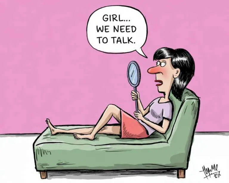 Woman looking into a hand mirror beside a speech bubble reading ‘Girl… we need to talk.’