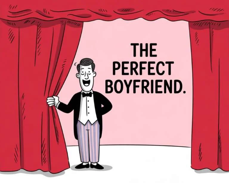 Cartoon of a man opening red theatre curtains beneath the words ‘The Perfect Boyfriend’.