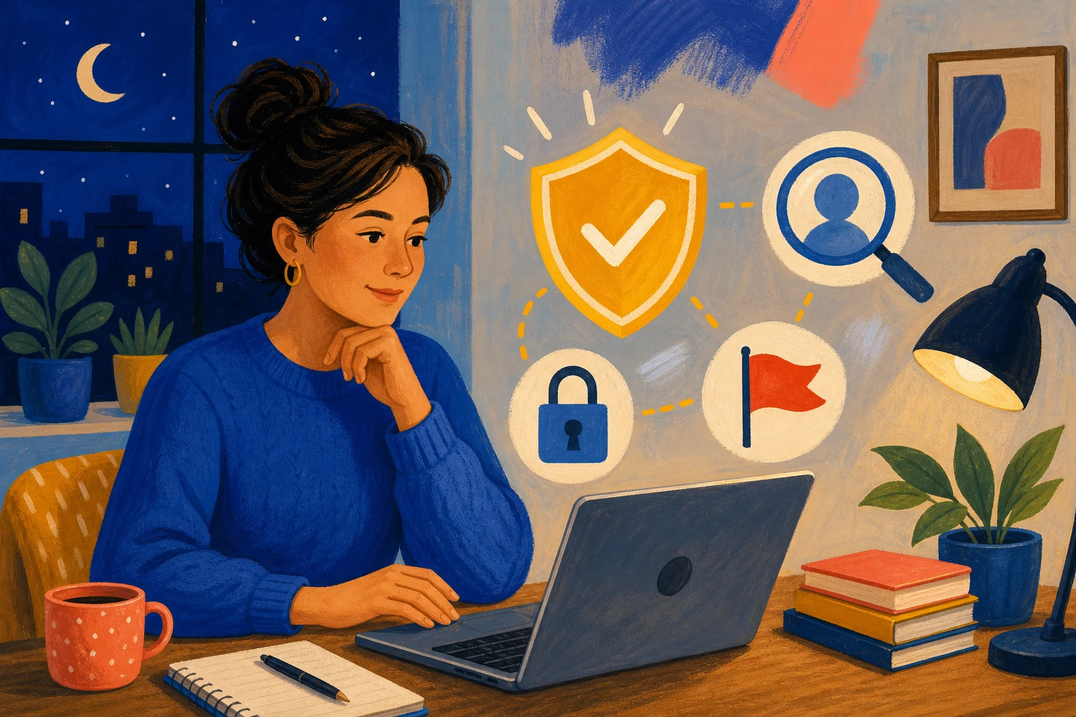 Illustration of practical online safety steps including checking, protecting and reporting