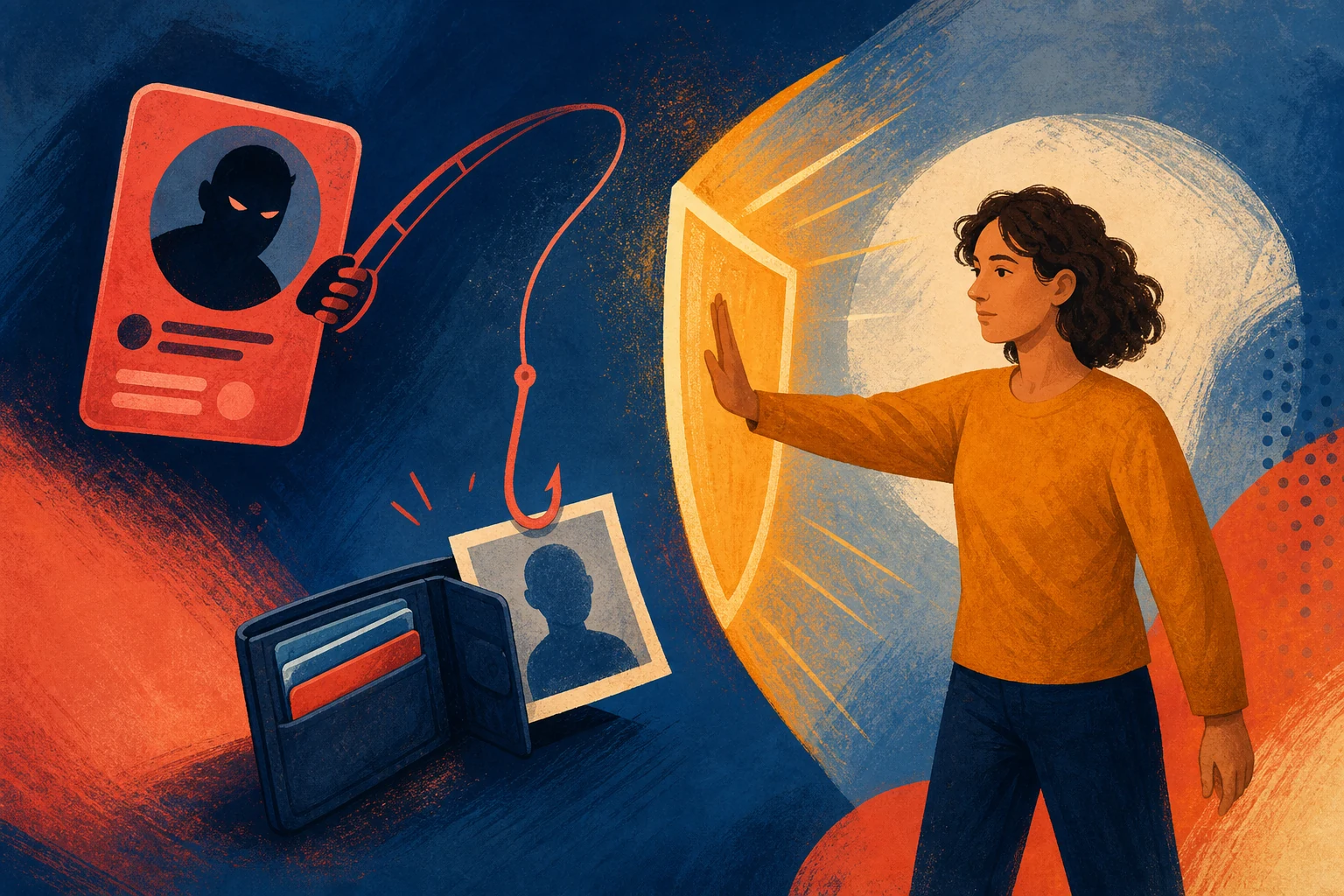 Illustration of a person protecting money and private images from an online scam