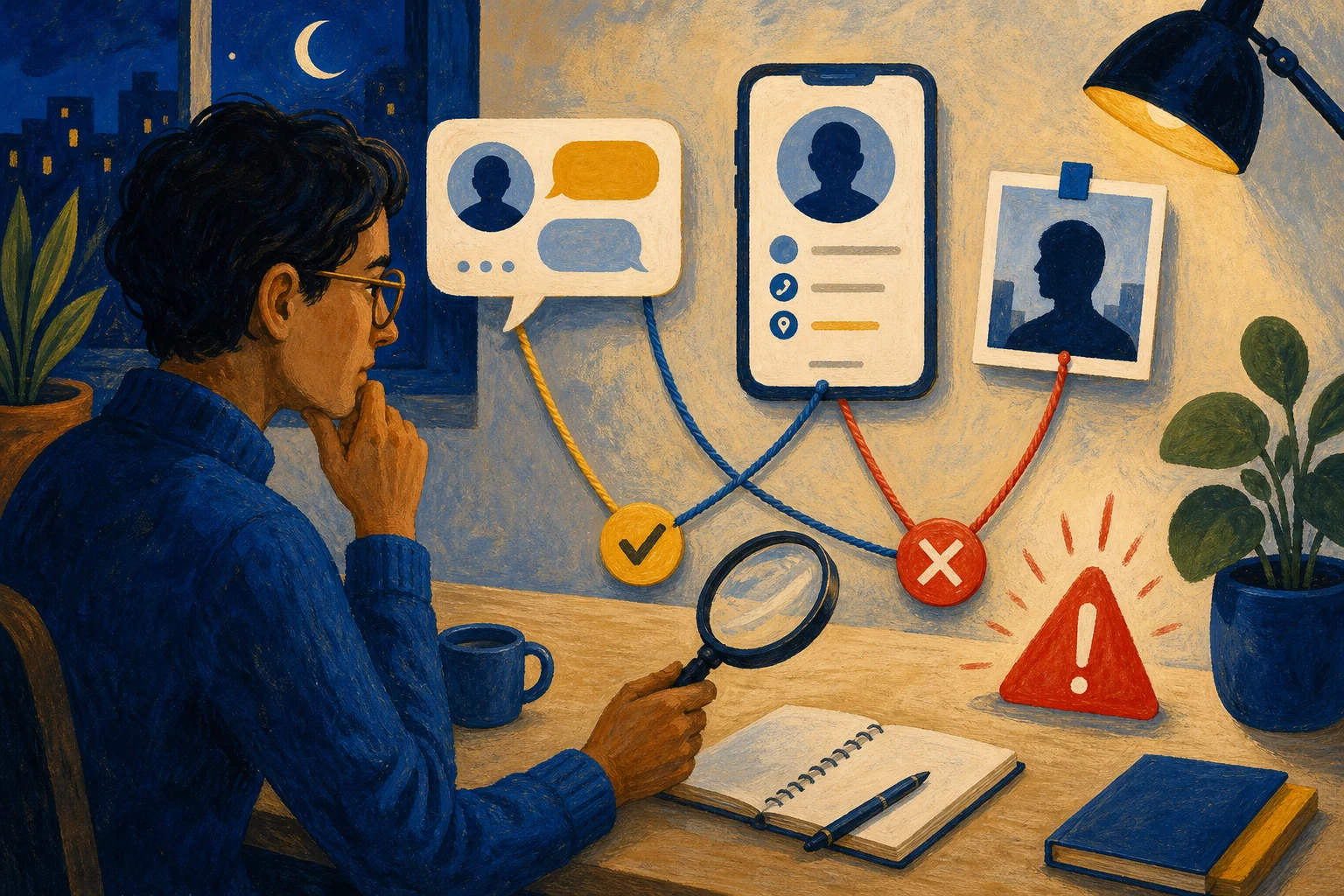 Illustration of checking profile clues to spot a suspicious online identity