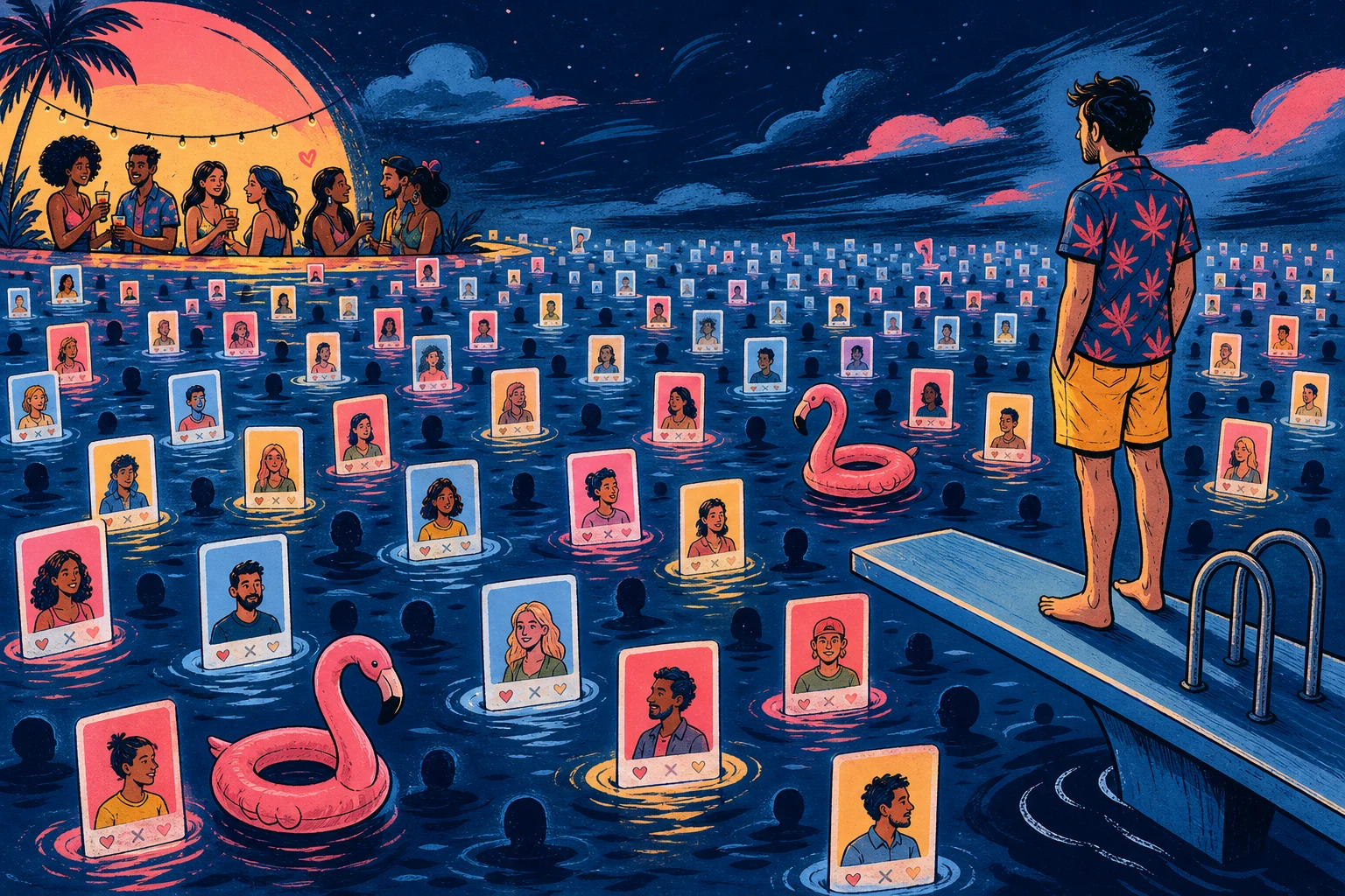 Man looking across a huge crowd of dating profiles at night, suggesting the scale and competition of dating apps.