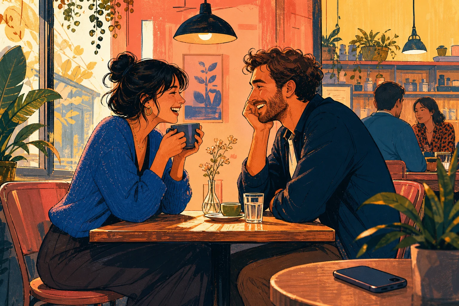 Two people talking at an outdoor cafe, with a phone face down on the table.