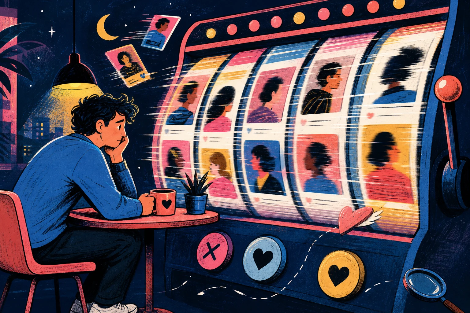 Man sitting before a slot-machine-like stream of dating profiles, surrounded by swipe controls.