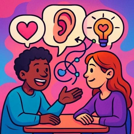 A couple talking and listening to each other, surrounded by symbols for love and understanding.