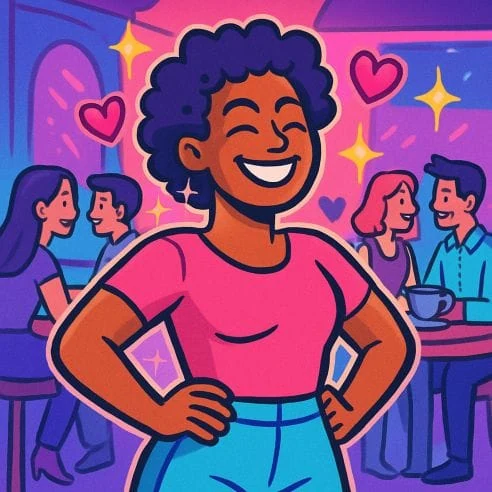 A confident woman at a social event with other couples talking in the background.