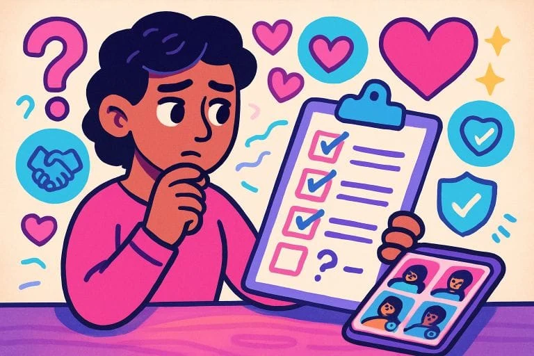 A person considering a dating checklist beside a phone showing potential matches.