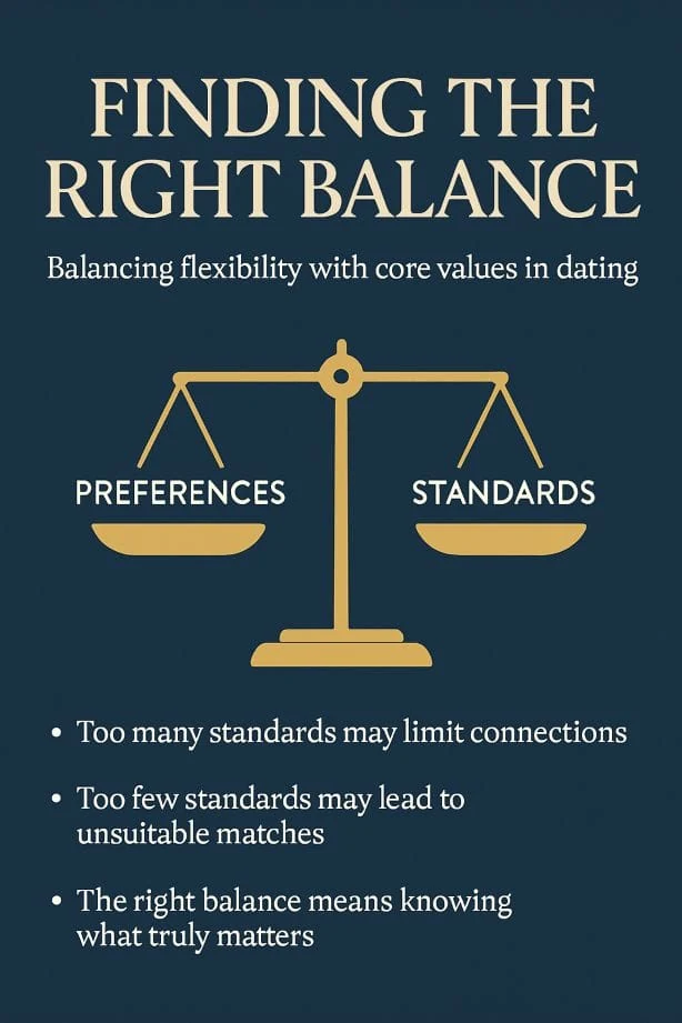 A balance scale comparing dating preferences with standards and core values.