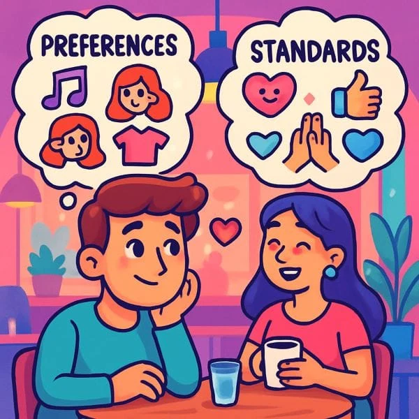 A couple discussing preferences such as music and fashion, and standards such as love, respect and care.