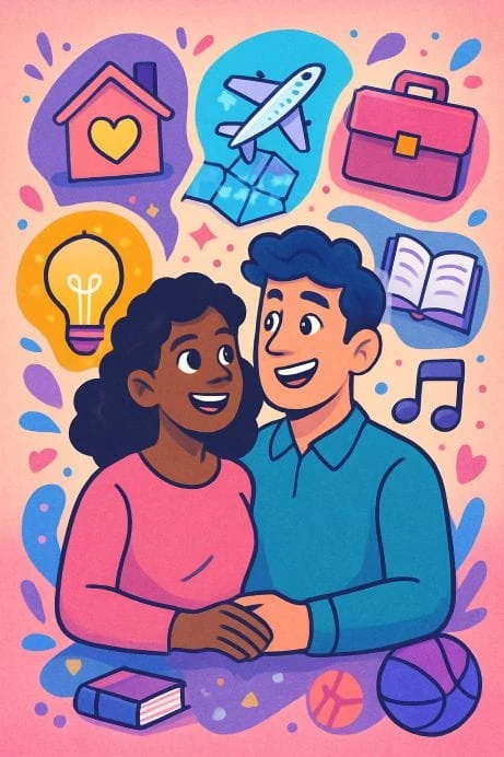 A couple holding hands beneath symbols representing shared values, travel, home, careers and interests.