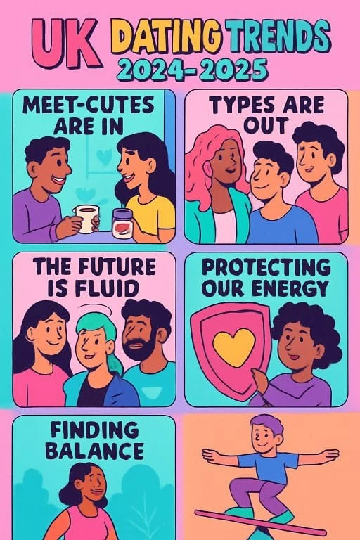 Illustrated UK dating trends poster about meet-cutes, changing types, protecting energy and finding balance.