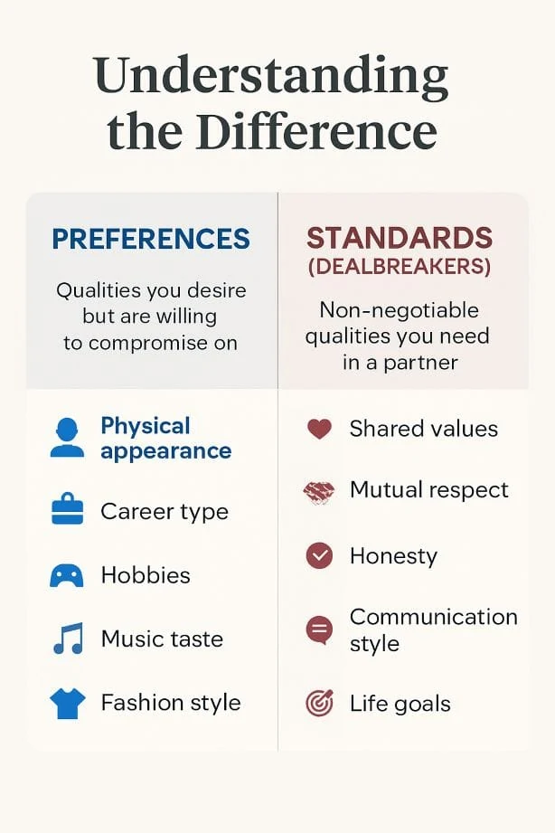 Comparison chart showing flexible preferences beside non-negotiable relationship standards.