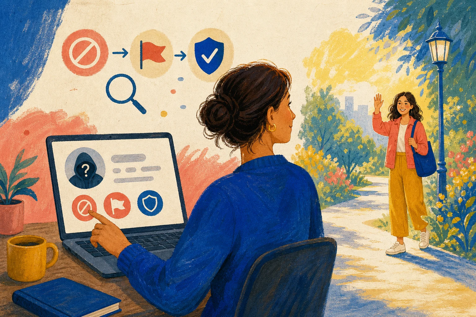 Illustration of blocking and reporting a suspicious profile, then moving on safely