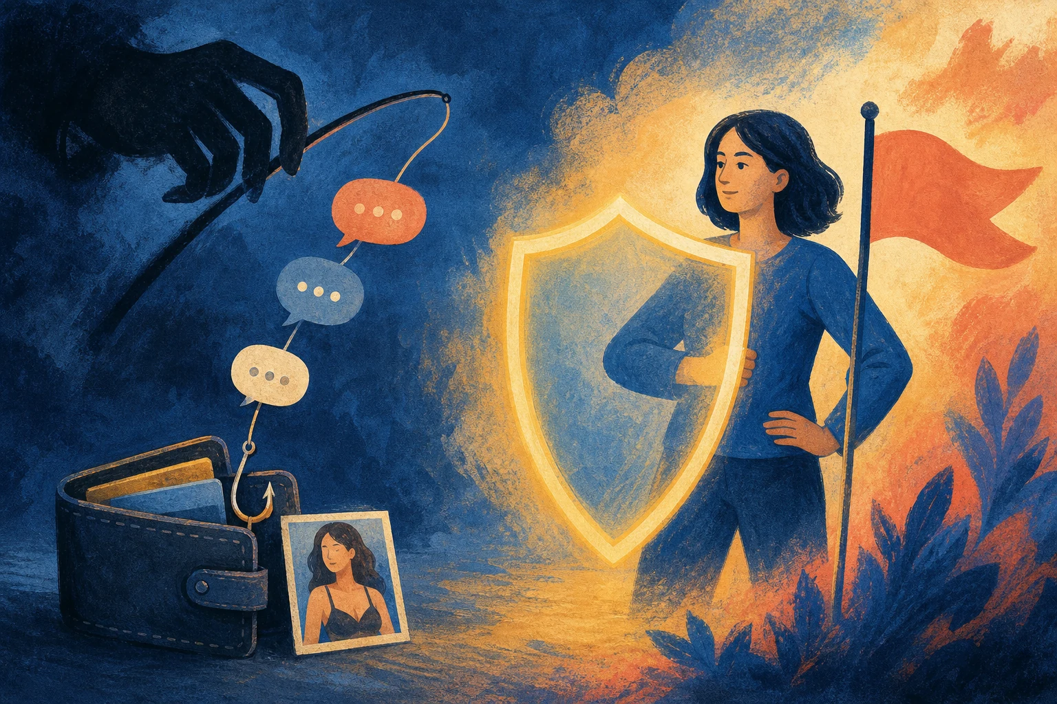 Illustration of protecting money and private information from an online scam