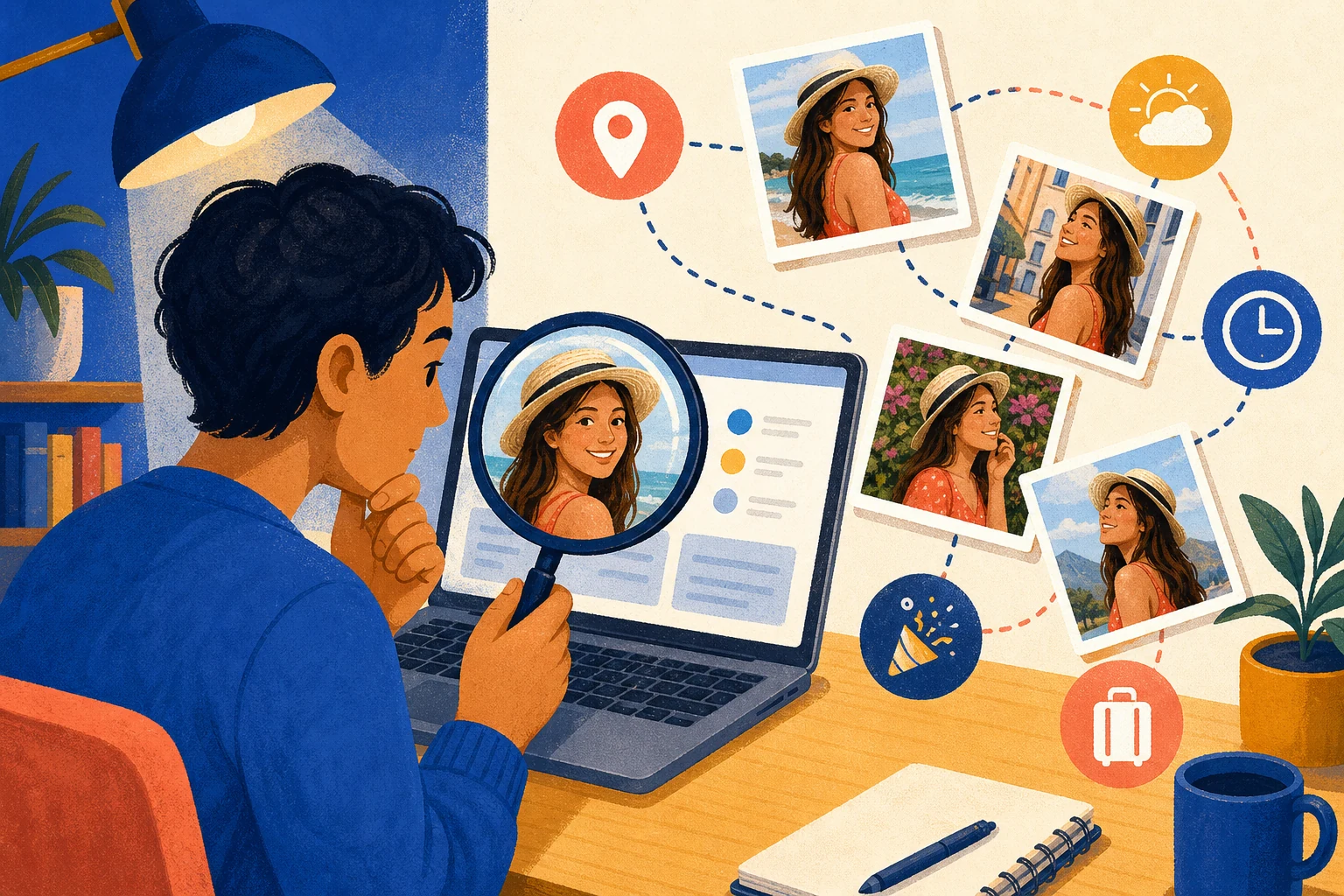 Illustration of checking duplicate profile photos and details for catfishing clues