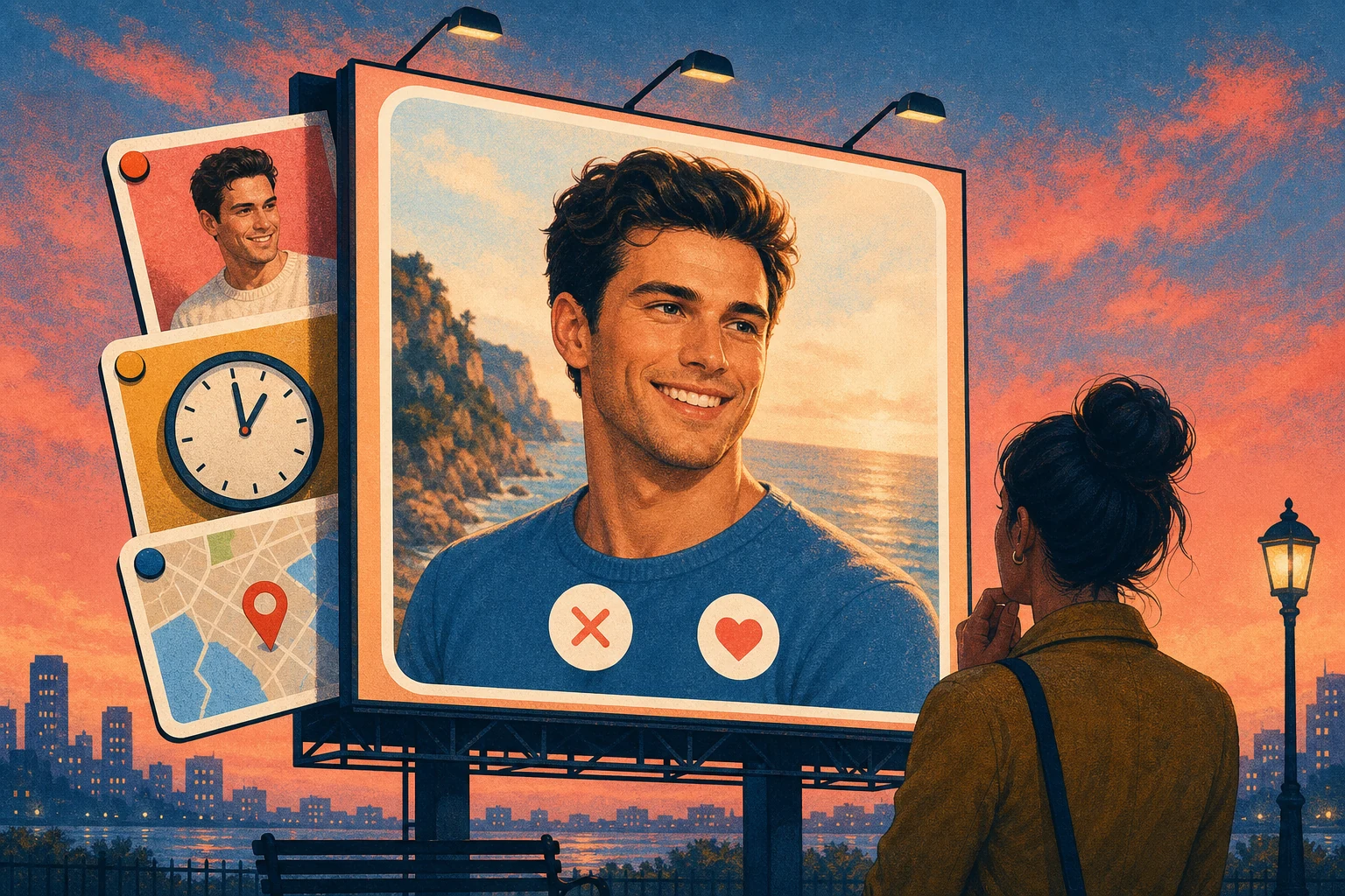 Illustration of a seemingly perfect dating profile with warning clues behind it