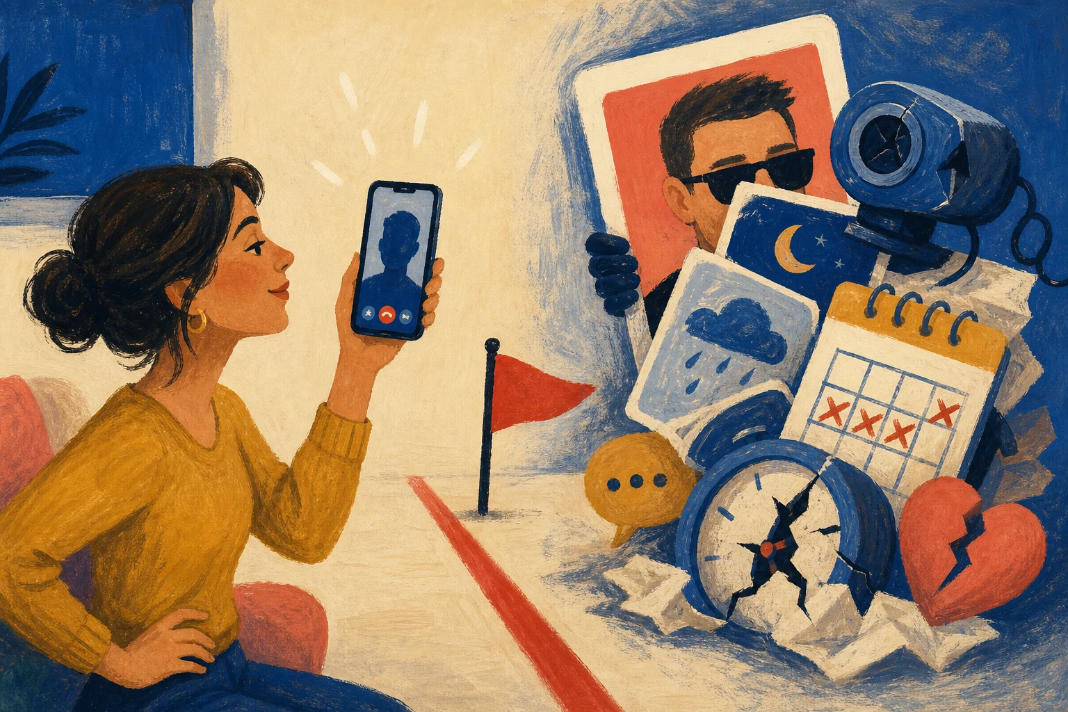 Illustration of asking for a video call while a suspicious profile hides behind excuses