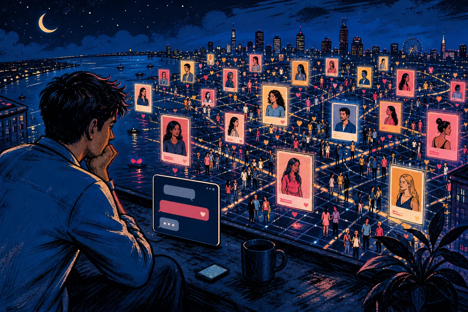 Illustration of a busy city of dating profiles and activity that still feels disconnected