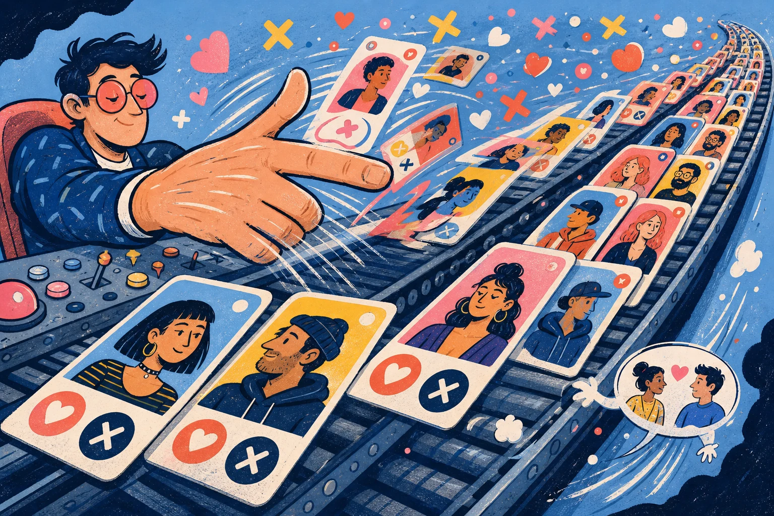 Illustration of profile cards moving along an endless conveyor belt of swipes